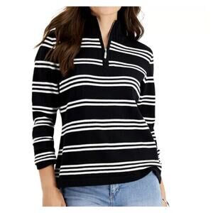 Karen Scott Donna Cotton Striped 1/4 Zip Sweater Sz M Black White Pullover
